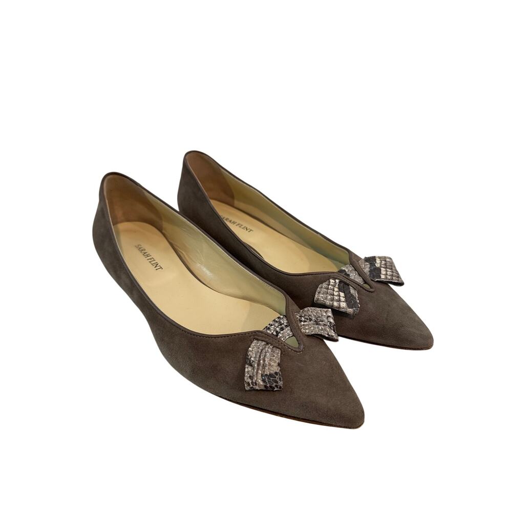 Sarah Flint Lana Suede & Snakeskin Ballet Flats in Taupe, 41 (US 10/10.5)